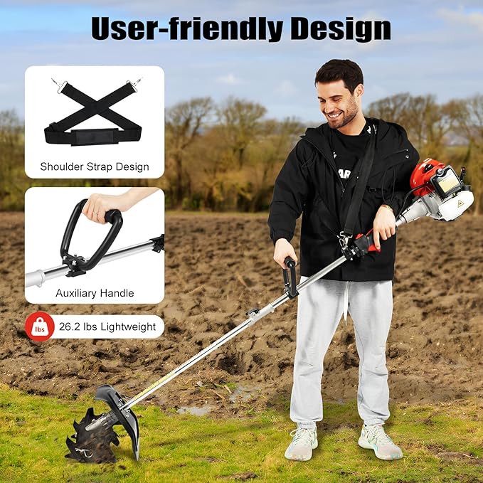 Gas-Powered Handheld Tiller Cultivator, 51.7CC 2-Stroke Engine, 1.45kW, 6500RPM, Lightweight, Mini Tiller Cultivator for Efficient Soil Loosening, Weeding & Farming in Gardens, Hills & Hard Soil