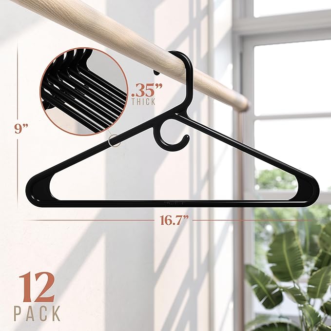 NEATERIZE Thick Heavy Duty Hangers - Black Plastic Clothes Hangers 12 Pack - Great for Coat Hanger, Jackets Jeans & Suit Hanger for Closet - New Apartment Essentials Percheros Ganchos para Colgar Ropa