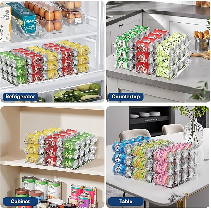 Dayacoco Can Organizer For Pantry,3 Sets 3 Tiers Pantry Organizers And Storage, Pantry Organizer for Fridge 36 Standard and Tall Cans Rack Automatic Rolling Stackable Canned Food Organizer, Clear