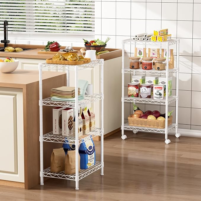 Golpart Small 4 Tier Shelves Storage Wire Shelving Unit Metal Shelf Adjustable Organizers Storage Shelving with Wheels for Bathroom Laundry Room Kitchen Pantry12”D x 18”W x 44.8”H White