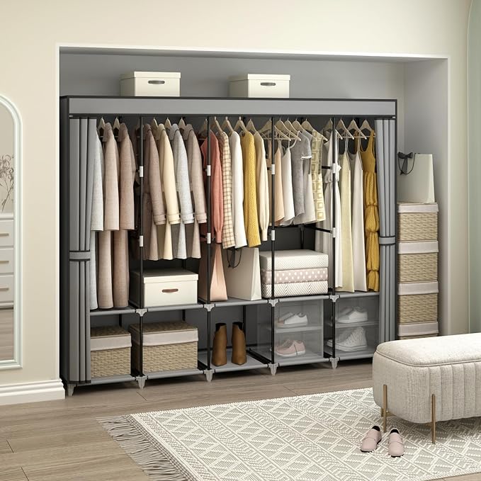 MOGELAFOO 83 Inch Wide Portable Closet Wardrobe, Clothes Storage Rack Organizer with Cover, 5 Clothes Hanging Rods and 10 Storage Shelves, Grey