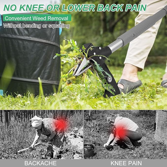 Weed Puller Tool,Gardening Stand Up Weeding Tool with 40" Long Handle Heavy Duty,4-Claws Manual Weeder Remover,Weeder Root Without Bending for Dandelion Gardening Yard Patio（Grey）