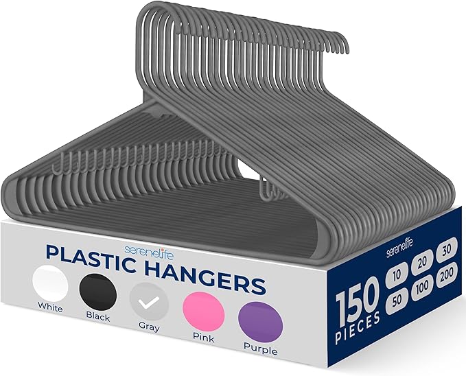 SereneLife 150 Pcs Plastic Hangers Gray – Ultra Lightweight Heavy Duty Non Slip Clothes Hanger Set for Coat Shirt Pants Closet Storage Organization Space Saving Durable Clothing Organizer – 11.88 lbs