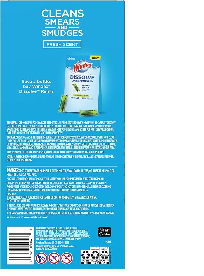 Windex Dissolve Concentrated Pods, Multisurface Cleaner Starter Kit contains 1 Reusable Bottle, 3 Concentrated Dissolvable Pods