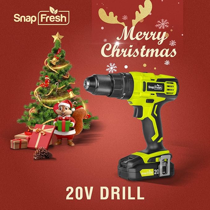 SnapFresh 20V Cordless Impact Drill-1/2" Power Drill/Driver Set,445in-lbs Torque Max,2 Variable Speeds, 43Pcs Bits w/case,2.0Ah Battery & Fast Charger Included, Power Tools