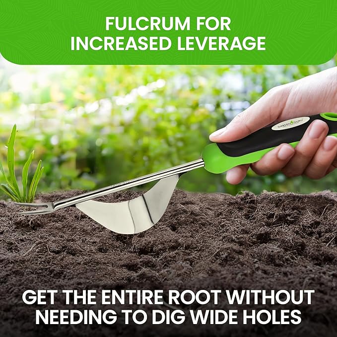 Garden Guru Dandelion Weeder Tool with Fulcrum - Rust Resistant Stainless Steel Weed Puller Weed Puller with Leverage Base, V-Shaped Fork Tip & Ergonomic Handle - for Planting & Weeding (2 Pack)