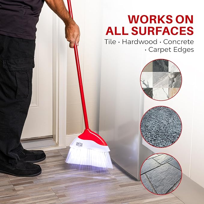 Indoor Broom with LED Lights | Angle Broom for Dark Corners & Low Light Areas | Soft Bristle, Adjustable Long Handle | Floor Sweeper for Kitchen, Room, Office & Garage (White)