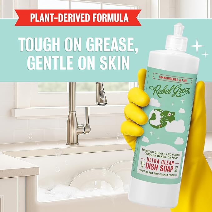 Rebel Green Super Deluxe Dish Soap - Natural Dishwashing Soap - Liquid Dish Detergent - Sustainable Dish Liquid Scented with Frankincense & Pine - (16 oz Bottles, 2 Pack)