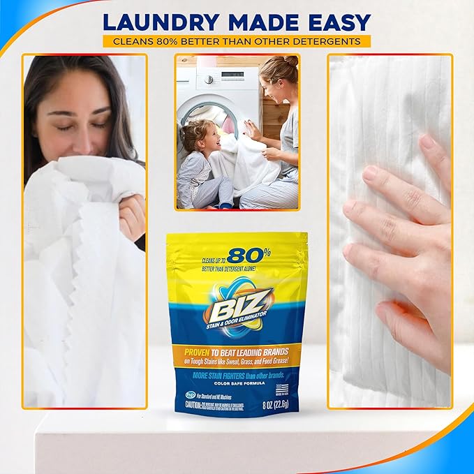 Biz Laundry Detergent Powder, Stain and Odor Eliminator for Tough Stains Like Grass Sweat and Food Grease, Powder Laundry Detergent, Color Safe, HE Safe, Unscented, Pack of 2, 16 oz Total