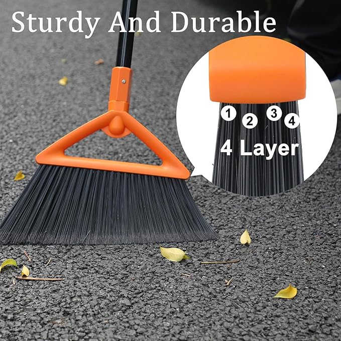 Heavy Duty Angle Broom 4 Pack - Orange Broom for Outdoor & Indoor, Garage, Driveway, Sidewalk, Kitchen & More, Long Handle