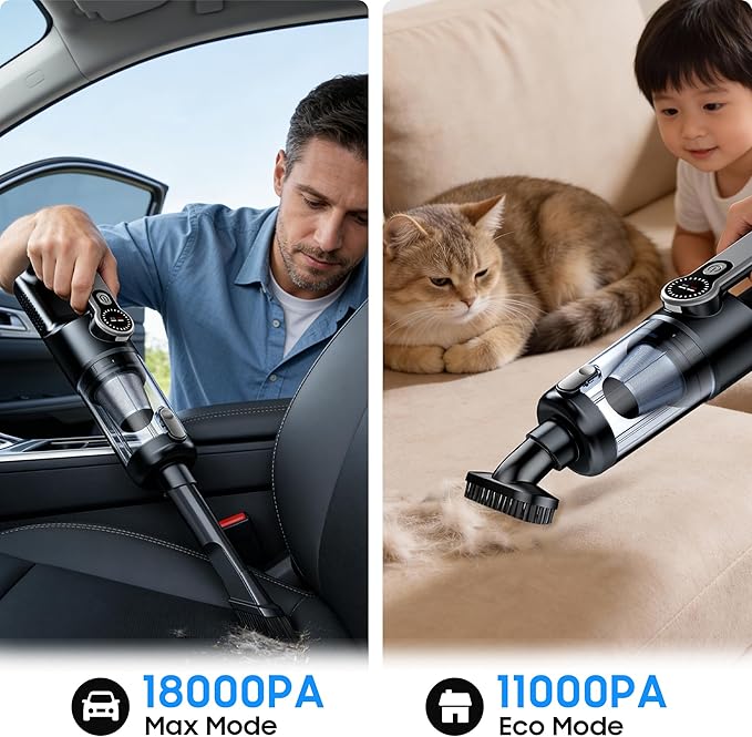 Cordless Handheld Car Vacuum Cleaner for Car Interior, Strong Suction Portable Vacuum for Pet Hair & Quick Home Cleaning, Rechargeable with LED Light & Attachments