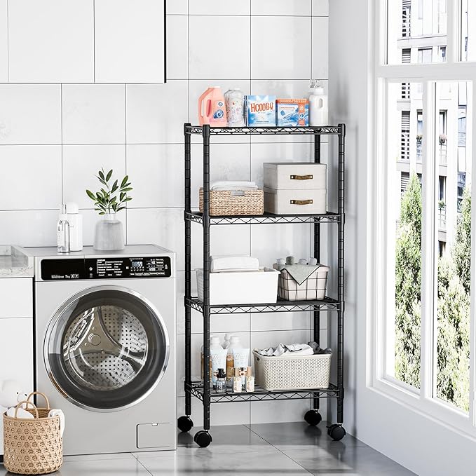 DUMOS Industrial 4 Level Grid Storage Rack ，Mobile Metallic Shelving System with Lockable Wheels， Multi-Purpose Cabinet for Workshop, Culinary Space, Storeroom, Washroom & Restroom Black