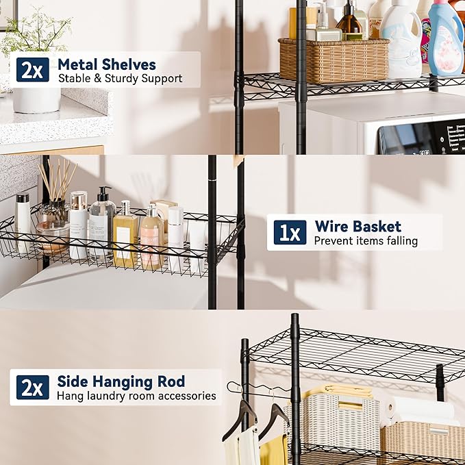 Laundry Room Storage Shelf, 3 Tier Metal Over Washer and Dryer Shelves, Adjustable Washing Machine Shelf with Basket & Hanger Rods, Bathroom Space Saver Shelf, 29.5" L x 17.7" W x 71.2" H, Black