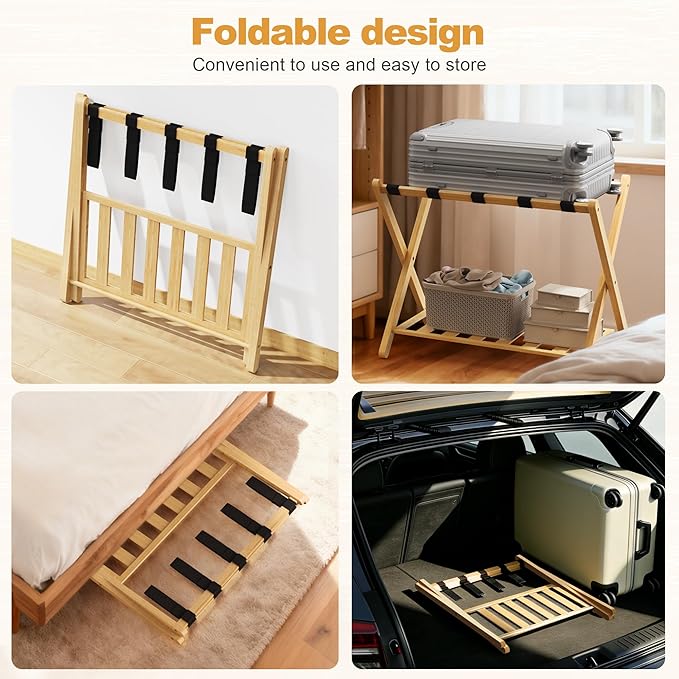 Fully Assembled 26.77" Luggage Stand, Bedroom, Hotel - Natural Bamboo Suitcase Stand, Foldable with 2 Layers - Luggage Racks for Suitcases, up to 165 lbs