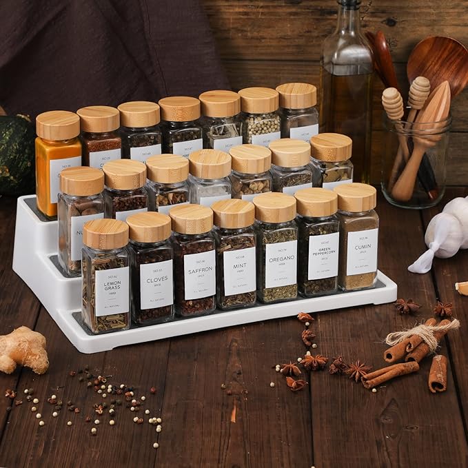NETANY 36 Pcs Glass Spice Jars with Bamboo Lids, 4 oz Glass Jars with Minimalist Farmhouse Spice Labels Stickers, Collapsible Funnel, Seasoning Storage Bottles for Spice Rack, Cabinet, Drawer