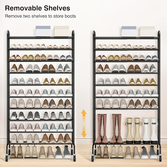 STO STO Expandable Shoe Rack, 10-Tier Metal Tall Shoe Rack for Garage, Up to 44 Pairs Adjustable Shoe Rack Storage for Front Door Entrance, Free Standing Shoe Rack Organizer for Entryway, Black