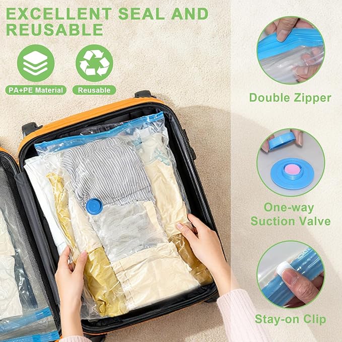 12 Pack Vacuum Seal Bags for Clothing Travel with -60000Pa USB Pump, Save 80% of Space for Clothes (12 Combo)