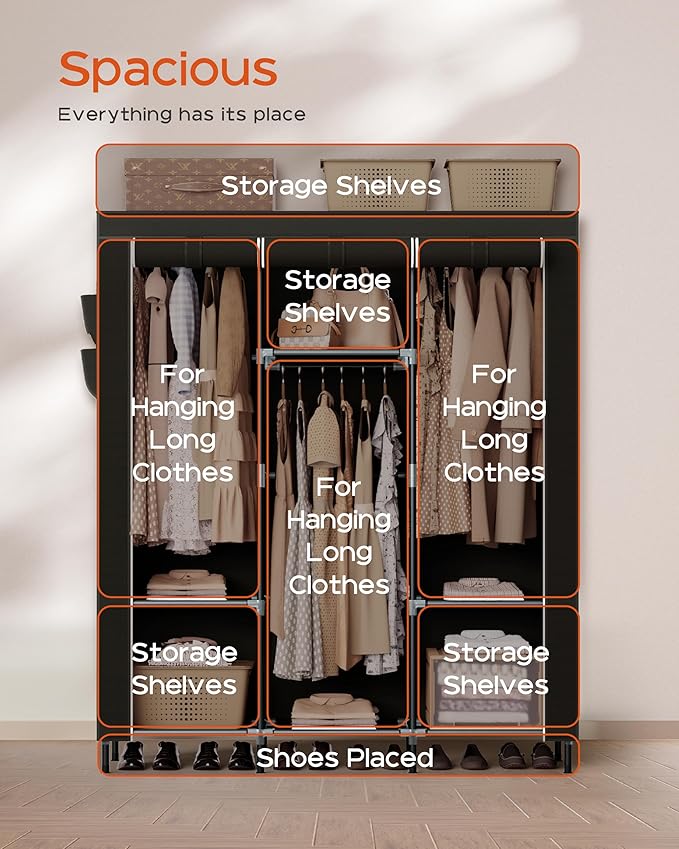 CASAMAYA Portable Closet, 51.2 Inch Large Capacity Wardrobe Closet with Cover, Clothes Storage Organizer with Shelves and 3 Hanging Rods, Easy to Assembly, Black PCT203B01
