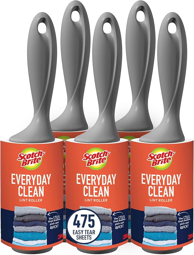 Scotch-Brite Everyday Clean Lint Roller, Lint Roller for Pet Hair, Clothing, Furniture and More, 5 Lint Rollers, 95 Sheets/Roller, 475 Sheets Total, Lint Remover for Clothes, Pet Hair Removal