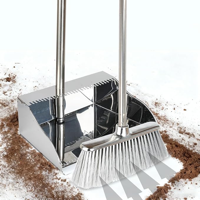 Metal Dustpan with Soft Bristles Broom Heavy Duty Stainless Steel Upright Standing Dust Pan and Broom for Sweeping Indoor Outdoor Home Kitchen Office Lobby Hardwood Floor Cleaning