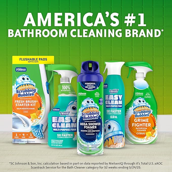 Scrubbing Bubbles Toilet Bowl Cleaning System with Flushable & Disposable Cleaner Refill Pads, Fights Odors and Helps Remove Limescale & Hard Water Stains, Citrus Scent, 1 Wand + 4 Refills + 1 Stand