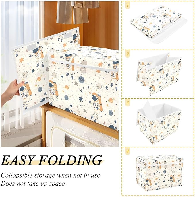 Large Storage Bins with Linen Collapsible Foldable Storage Cubes Fabric Closet Organizer Containers box with Flip-Top Lid for Home Bedroom Office 16.7 x 12.6 x 11.8in (Astronauts Planets and Stars)