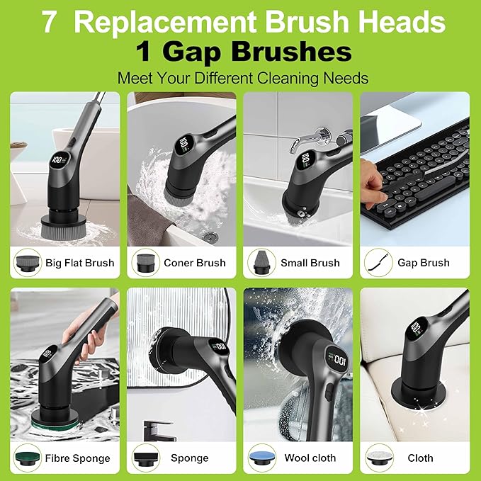 WKY-G3-Electric Spin Scrubber - Upgraded 10-in-1 IPX7 Waterproof Shower Cleaner Brush, Retractable Handle & 2-Speed for Toilet, Bathroom, Bathtub, Tile Floors Black