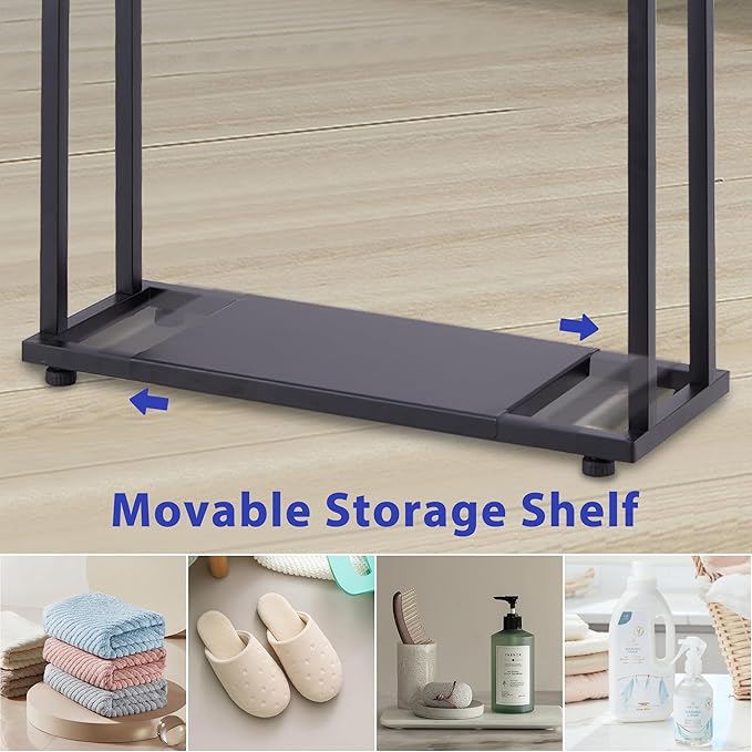 Towel Racks for Bathroom, 39'' Tall 2 Tier Bathroom Towel Stand with Storage Shelves, Modern Standing Pool Drying Rack for Outdoor, Black, ALHAKIN