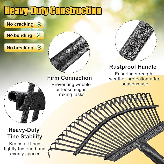Rake for Leaves: Heavy Duty Metal Leaf Rake with 25 Tines- 18" Wide Head, 79" Splicing Handle, Durable Steel Yard Lawn, Garden,Camping Clean Gardening Tools for Thatch Grass Leaves Gravels Mulch