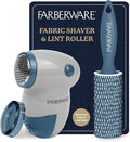 Farberware Fabric Shaver & Lint Remover Set–Battery Operated Sweater Shaver with Triple Blades and Extra Sticky Roller for Pet Hair, Fuzz & Pilling on Clothes, Upholstery & Bedding (Gray/Blue, Small)