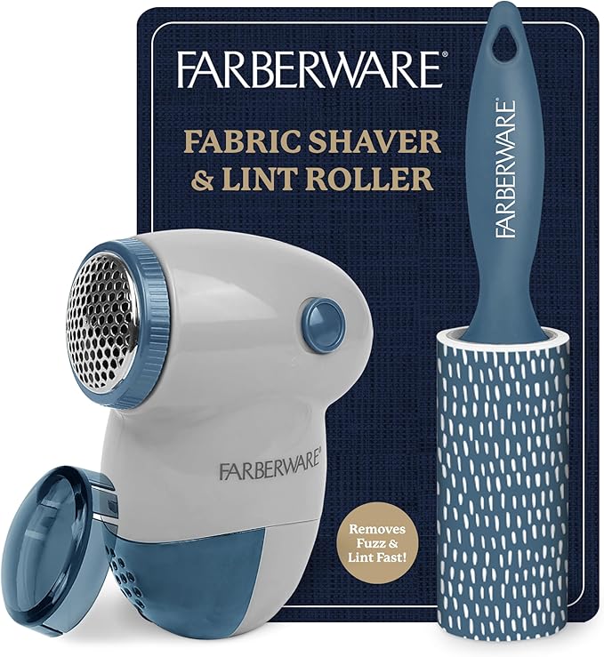 Farberware Fabric Shaver & Lint Remover Set–Battery Operated Sweater Shaver with Triple Blades and Extra Sticky Roller for Pet Hair, Fuzz & Pilling on Clothes, Upholstery & Bedding (Gray/Blue, Small)