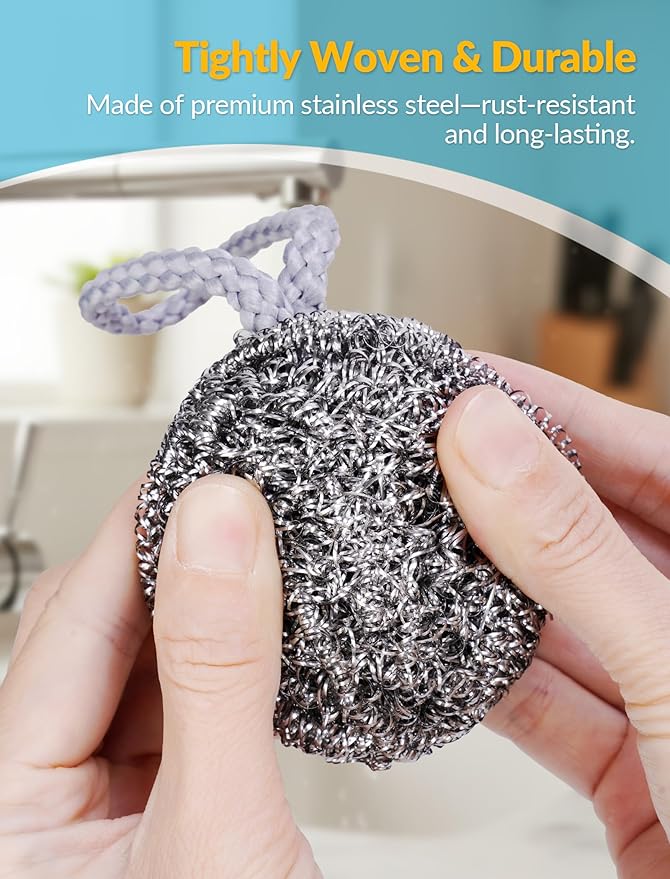 NiHome 10-Pack Steel Wool Scrubbers for Kitchen Cleaning, Stainless Steel Scourers with Hanging String, Reusable Rust-Resistant Scrubbers for Pots, Pans, Grill Racks, Sinks, Cast Iron