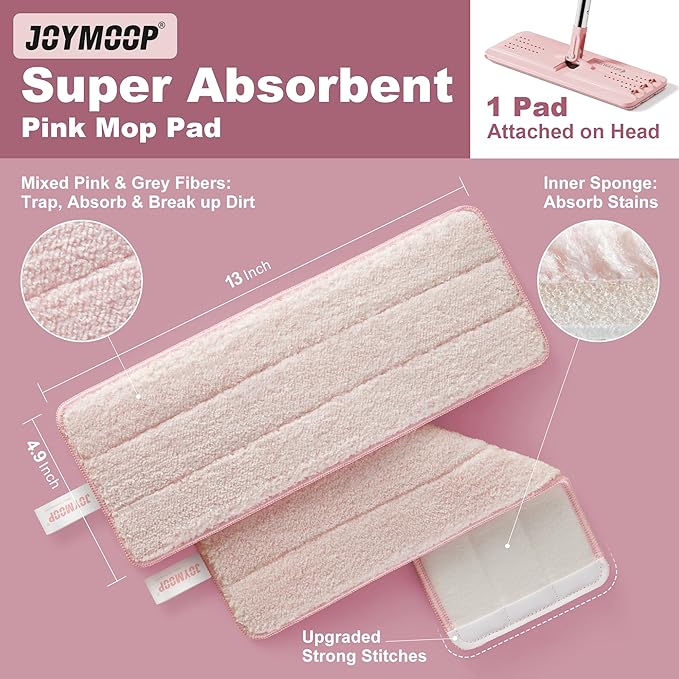 JOYMOOP Flat Mop Head, with 13-inch Microfiber Mop Pad Replacement - Pink, 1 Pack