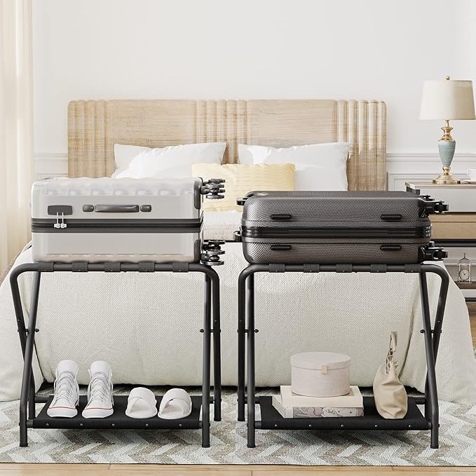 HOOBRO Luggage Rack, Pack of 2, Folding Suitcase Stand with Fabric Storage Shelf for Guest Room, Bedroom, Hotel, Holds up to 100 lb, 27 x 15.3 x 22 Inches, Space Saving, Black BK04XLP201