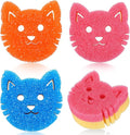 3 Pcs Dual Sided Scrub Sponge Multi Functional Cute Temperature Sensitive Non Scratch Dish Sponge for Washing Dishes Kitchen Bathroom(Cat,Pink, Orange, Blue)
