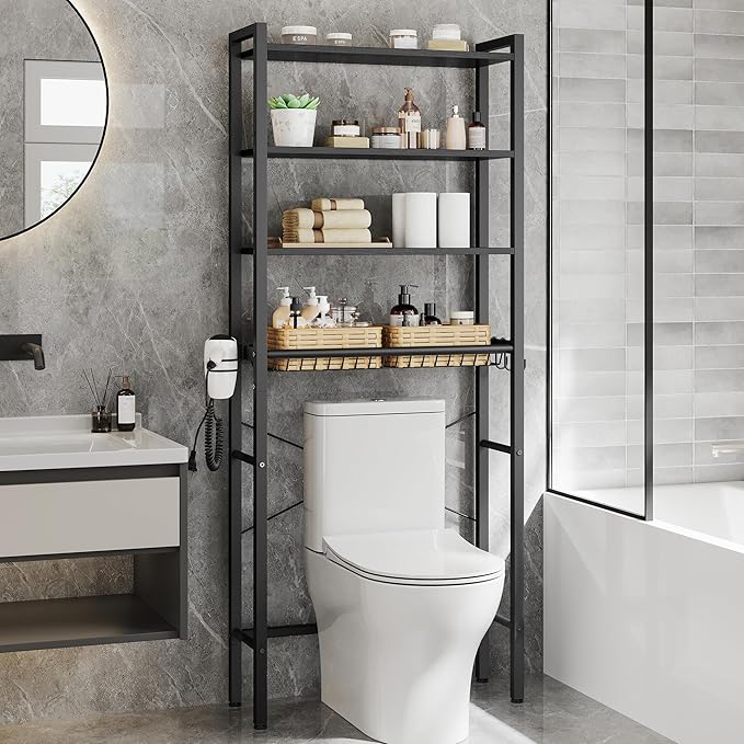 VASAGLE Over the Toilet Storage, Over Toilet Bathroom Organizer with Adjustable Shelves and Basket, 3 Hooks, Space Saving, 9.4 x 23.6 x 68.1 Inches, Ebony Black UBTS114BE01S