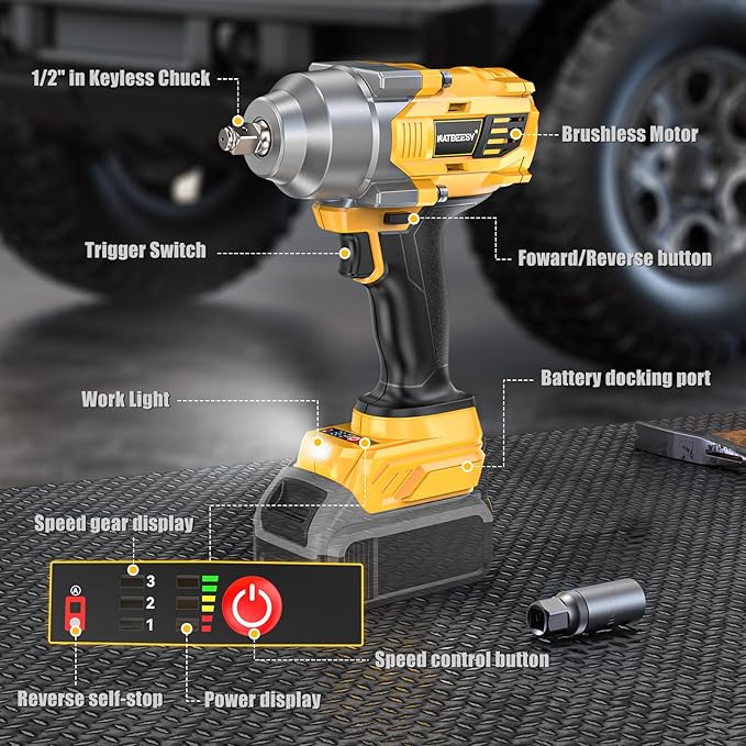 Impact Wrench Compatible with DeWalt 20V Battery: 1/2 Inch Hog Ring Impact Driver - 1000N.m(750ft-lbs) Cordless Impact Gun - Brushless Motor with LED Light And Blet Clip - Tool Only