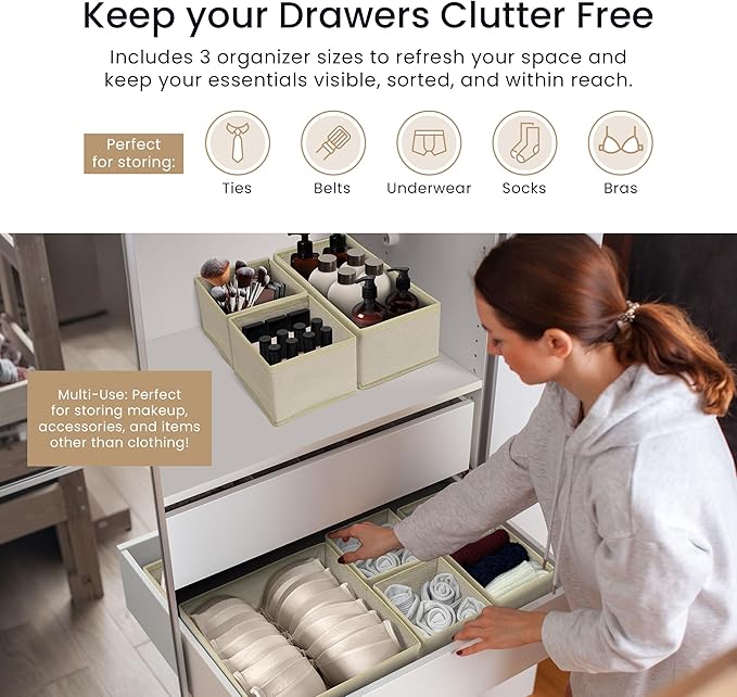 Reli. Drawer Organizer Clothes (14 Pack) | Dresser Drawer Organizers & Nursery Organization | Foldable Fabric Dresser Storage Dividers for Bras, Nursery, Changing Table, Baby Clothes, Clothing (Beige)