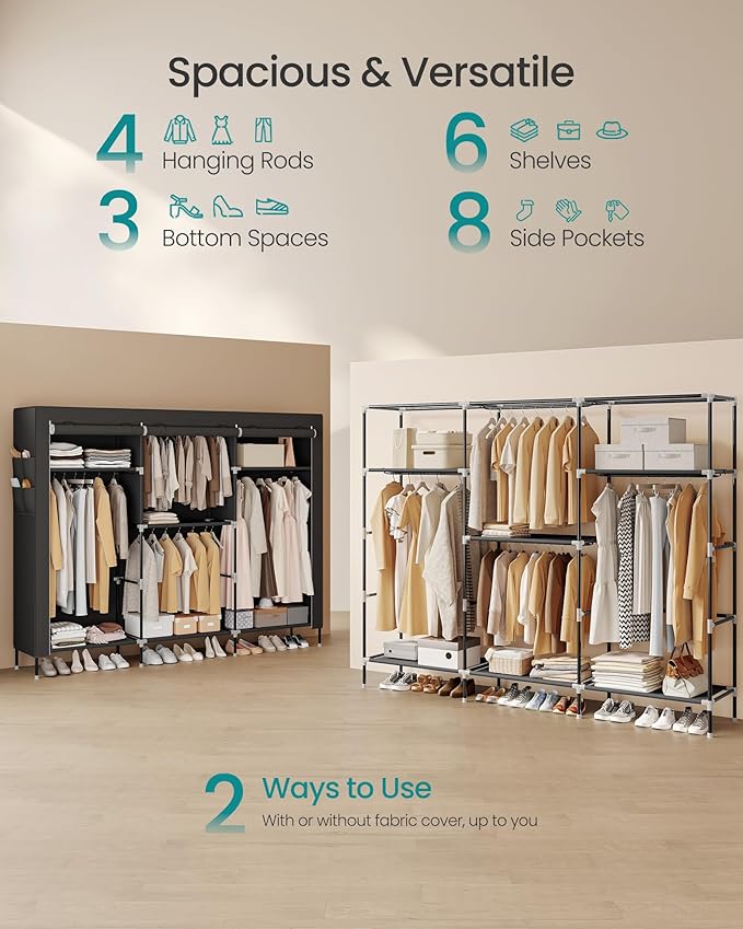 SONGMICS Portable Closet, Fabric Wardrobe, Clothes Rack with Shelves, Pockets, Large Capacity, 4 Hanging Rods, 74.4 x 17.7 x 70.9 Inches, Black URYG011BZ02