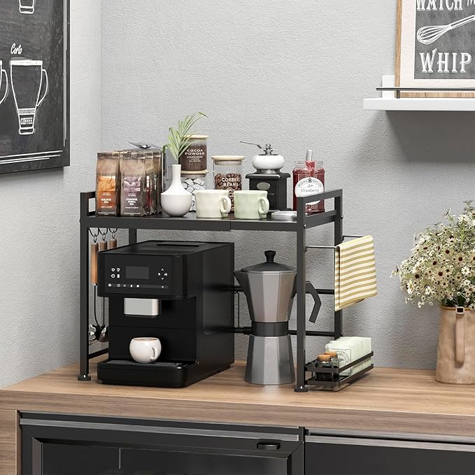 DOLALIKE Microwave Oven Rack, Expandable Microwave Stand Kitchen Countertop Organizer Utensils Storage, Carbon Steel Over Microwave Shelf with 3 Hooks (Black, 2 Tier- With Storage)