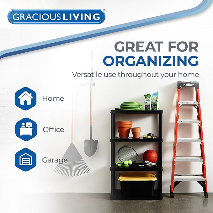 Gracious Living 4 Shelf Fixed Height Ventilated Medium Duty Storage Unit 14 x 32 x 54.5" Organizer System for Home, Garage, Basement, & Laundry, Black