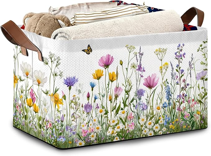 Wildflowers Butterfly Storage Baskets,Garden Herb Flower Foldable Large Capacity Organizer Bins with Waterproof Lining and Leather Handles for Closet,Shelf,Bedroom 17x11.5x10Inch