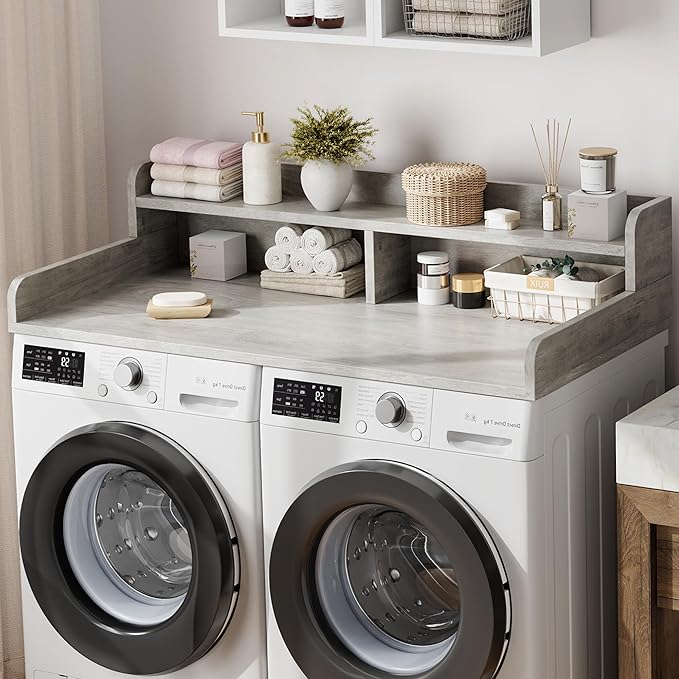 Garvee 54" Washer Dryer Countertop with 2-Tier Shelf, Wooden Laundry Countertop with Non-Slip Pad and Guard Rails, Washer and Dryer Topper for Laundry Room Organization