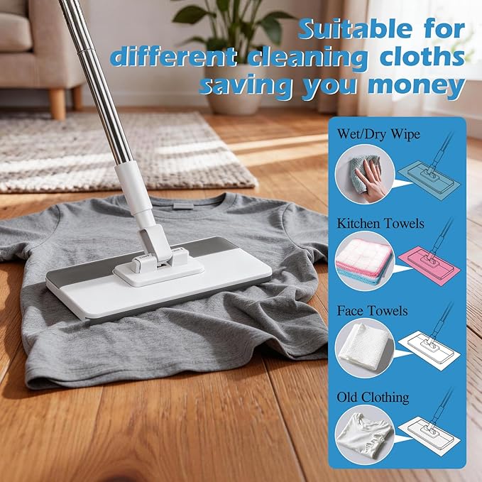 Mini Sweeper Mop,Masthome Reusable Clamp Mop with 50 " Stainless Steel Handle,1 Second Installation,Compatible with Swiffer Pads,Flat Dust Mops for House Wall, Windows, Corners - 1 Sweeping Cloth