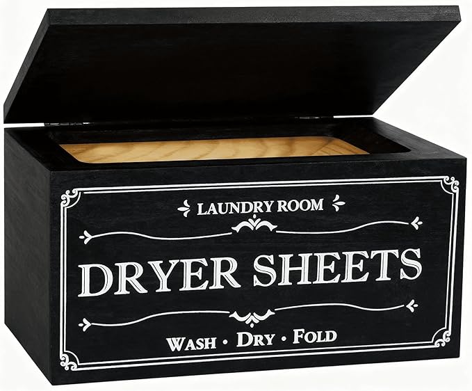 Rustic Farmhouse Decor Dryer Sheet Holder With Hinged Lid - For Laundry Room Organization - Laundry Softener Dispenser - Home Laundry Room Décor (Black)