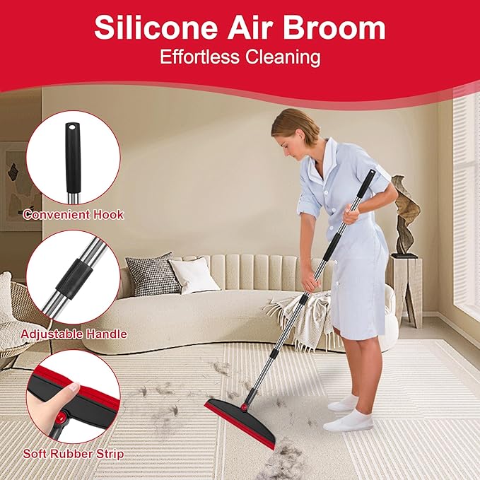 Broom with Dustpan Combo Set and Silicone Air Broom Kit, 51" Long Handle Floor Squeegee, Red Household Kit for Glass Window Rugs Pet Hair Home