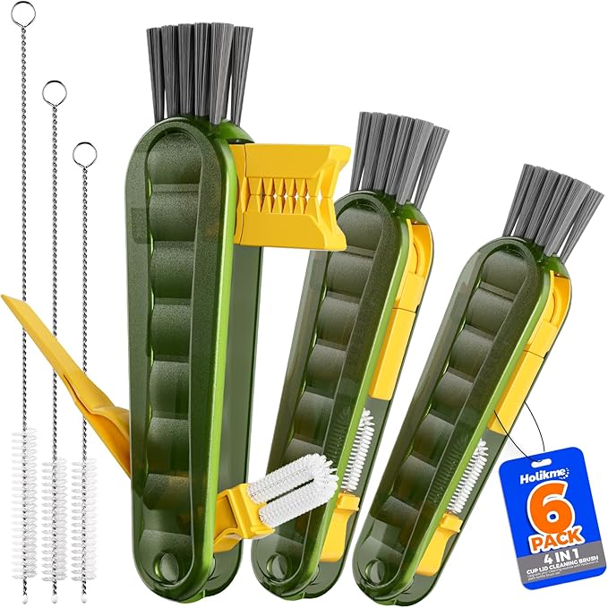 6 Pack Holikme 4 in 1 Cup Lid Cleaning Brush Set with 3 Straws, Multifunctional Bottle Brush, Silicone Cup Lid Gap Cleaner, Durable Bristle Crevice Cleaning Brush, Olive