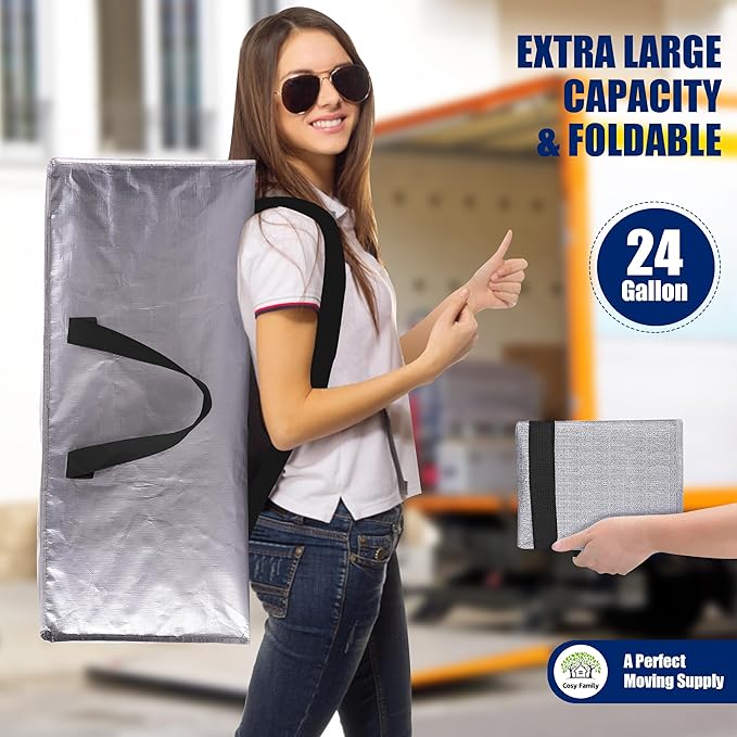 Cosy Family 8 Pack Heavy Duty Extra Large Moving Bags with Backpack Straps - Strong Handles & Zippers, Storage Totes For Space Saving, Fold Flat, Alternative to Moving Box (Set of 8, Silver)