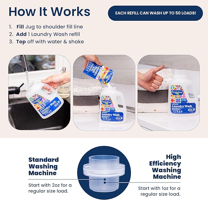 Truly Free Natural Laundry Detergent for Sensitive Skin | Eco Friendly, Plant Based, Baby Clothes Safe | Clean & Easy Powder to Liquid, 1 Pack Detergent + 1 Refillable Jug | Unscented, 50 Loads