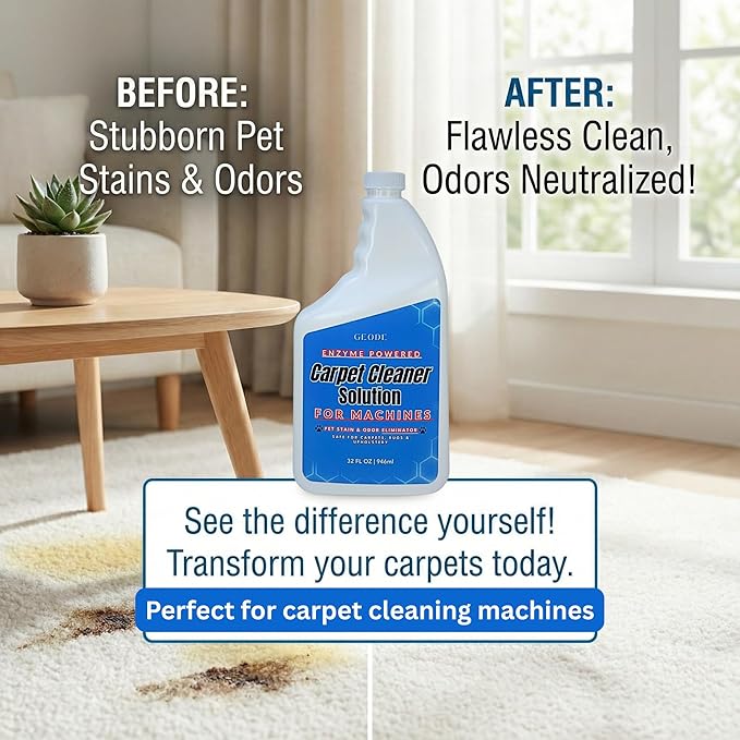 GEODE Carpet Cleaner Solution for Machines – Enzyme Carpet Cleaner & Deodorizer for Deep Cleaning, Pet Stain & Odor Remover, Non-Toxic Concentrated Formula for Carpet Cleaning Machines (32 Oz)